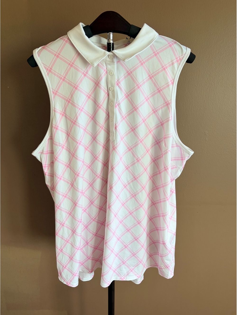 Puma Cloudspun Women's Golf Polo XL White Pink Plaid Sleeveless NWT
